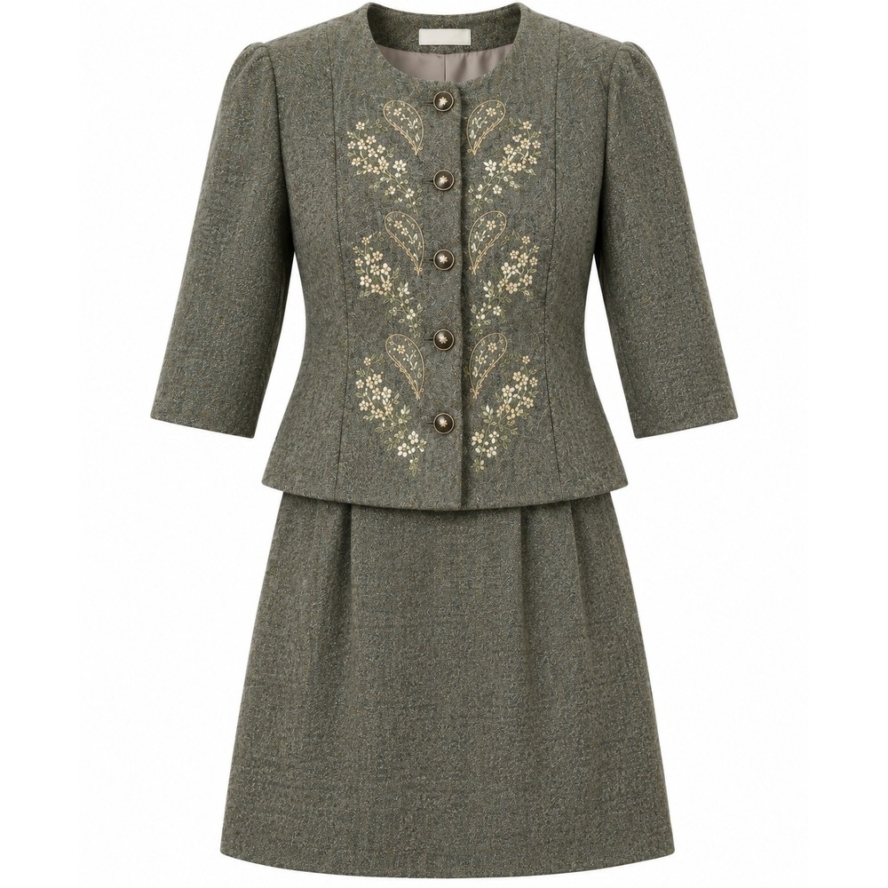 Vintage Japanese Wool 2pc Skirt Suit Embroidery Classic Dark Academia Winter S/M